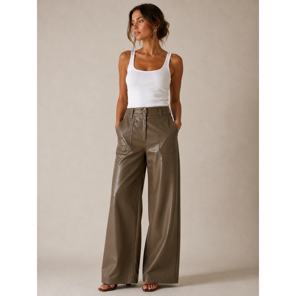Maeve Anthropologie Women Pants 8 Brown Faux Leather Wide Leg High Rise Pocket
